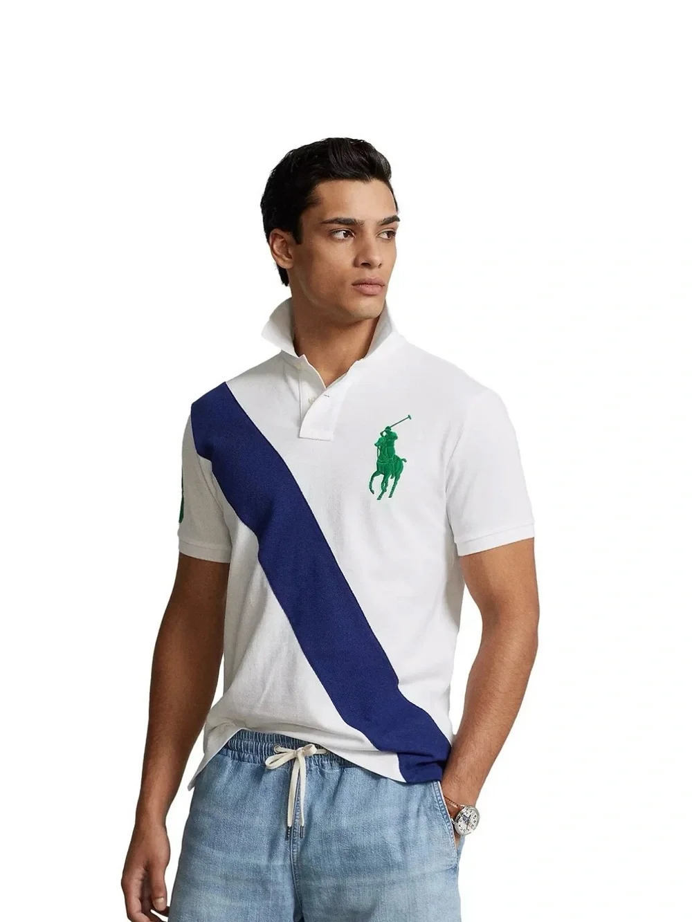 Ralph Lauren White Polo with Navy Diagonal Stripe and Green Logo